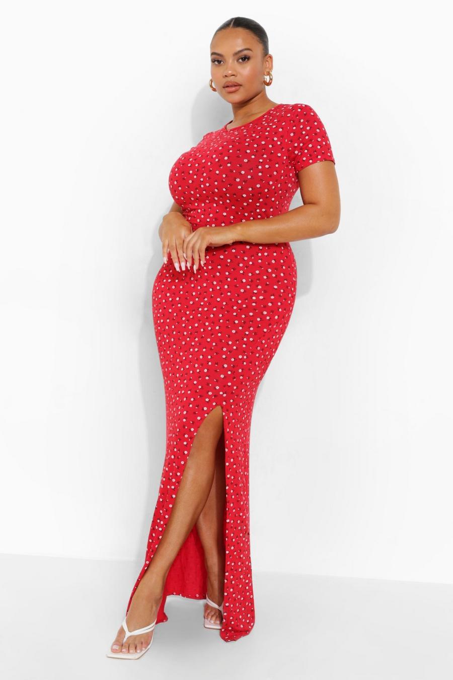 Red Plus Ditsy Floral Cap Sleeve Split Maxi Dress image number 1