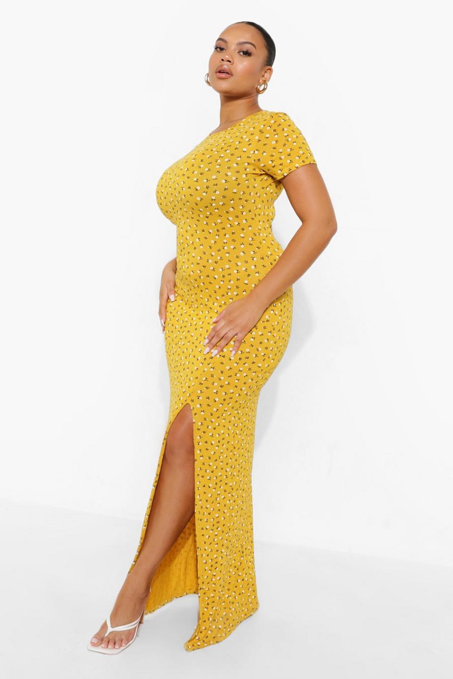 Yellow Plus Ditsy Floral Cap Sleeve Split Maxi Dress image number 1