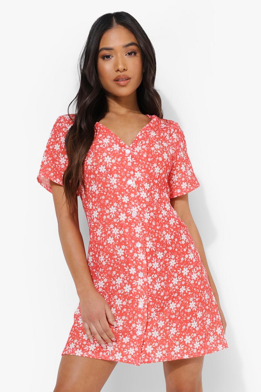 Red Petite Ditsy Woven Button Shift Dress image number 1