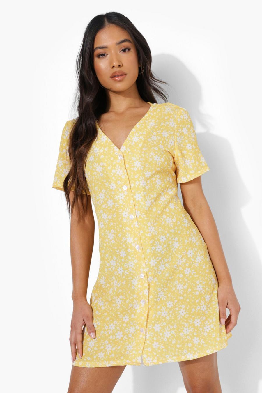 Yellow Petite Ditsy Woven Button Shift Dress image number 1