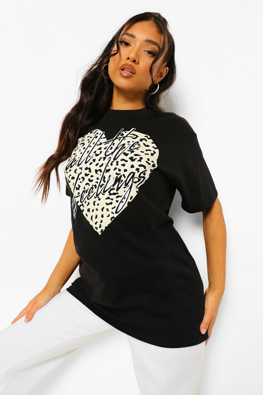 Black Petite Leopard Heart Slogan Graphic T-Shirt image number 1