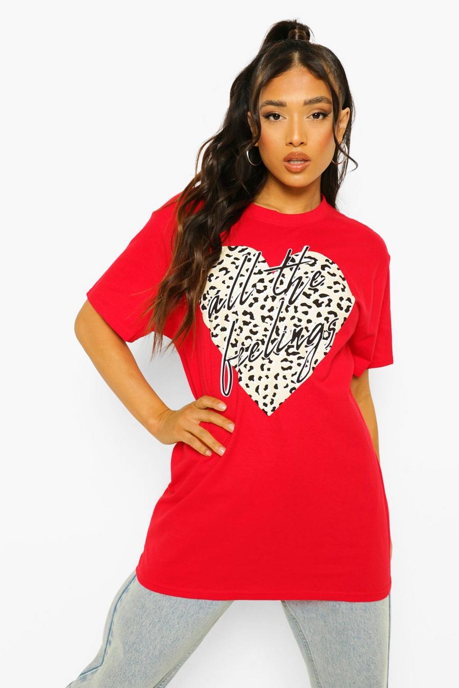 Red Petite Leopard Heart Slogan Graphic T-Shirt image number 1
