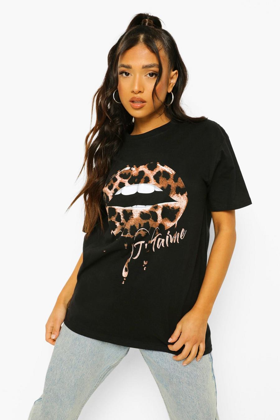Black Petite - J'Taime T-shirt med leopardmönster och slogan image number 1