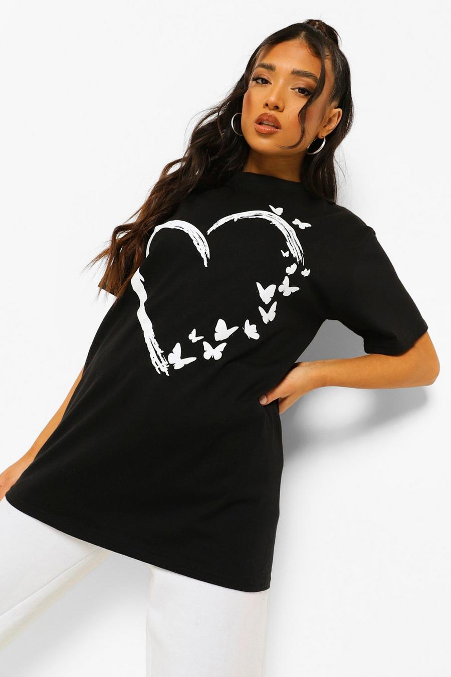 Black Petite Love Heart Butterfly Graphic T-Shirt image number 1