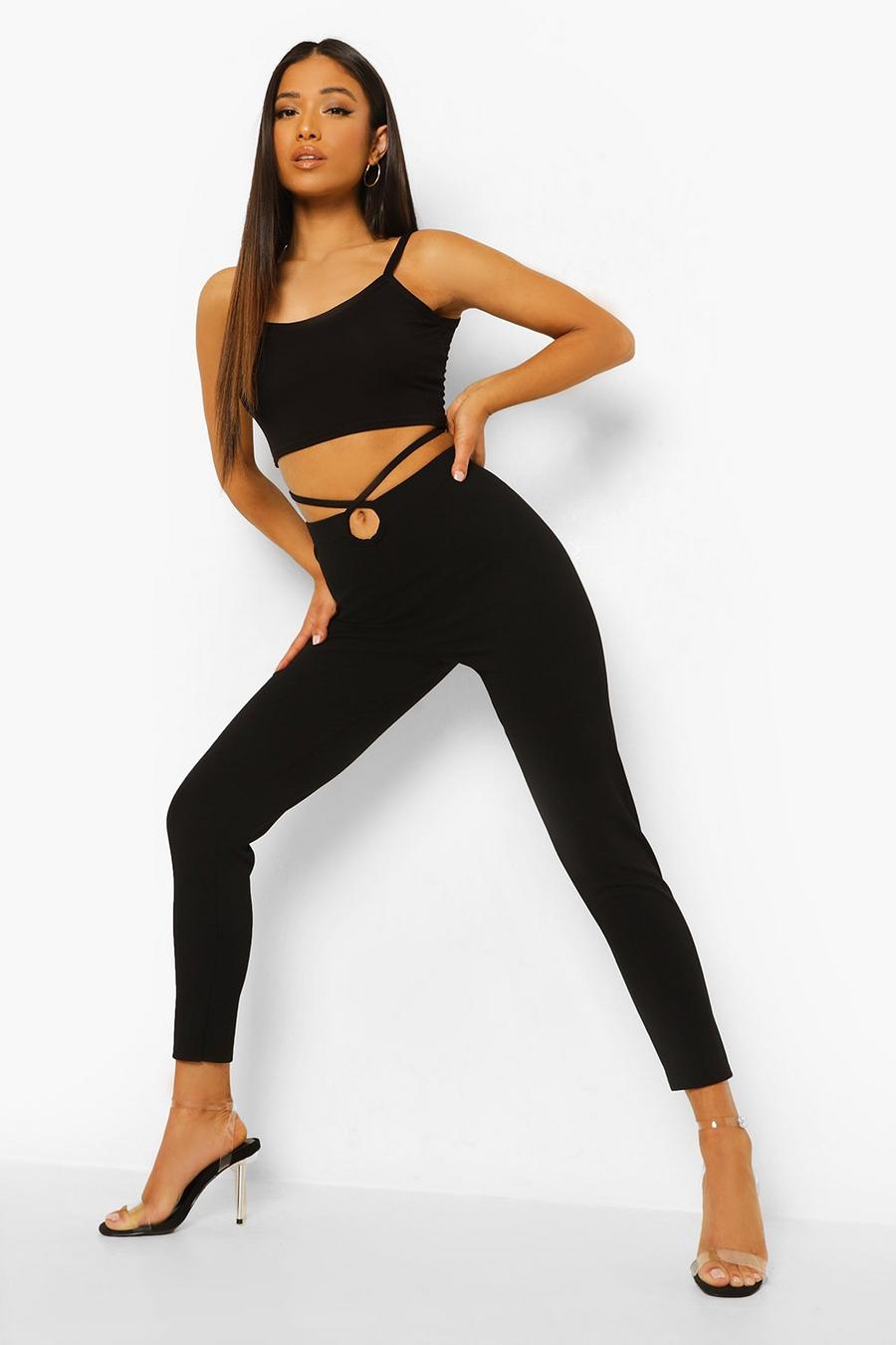 Black Petite Keyhole Tie Waist Leggings image number 1