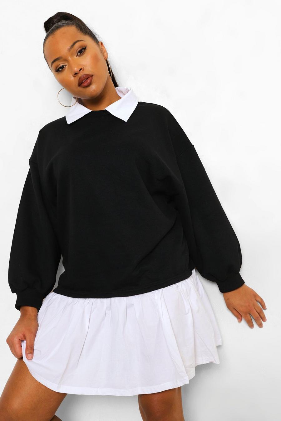 Black Plus Collared Cotton Poplin Hem Shirt Dress image number 1