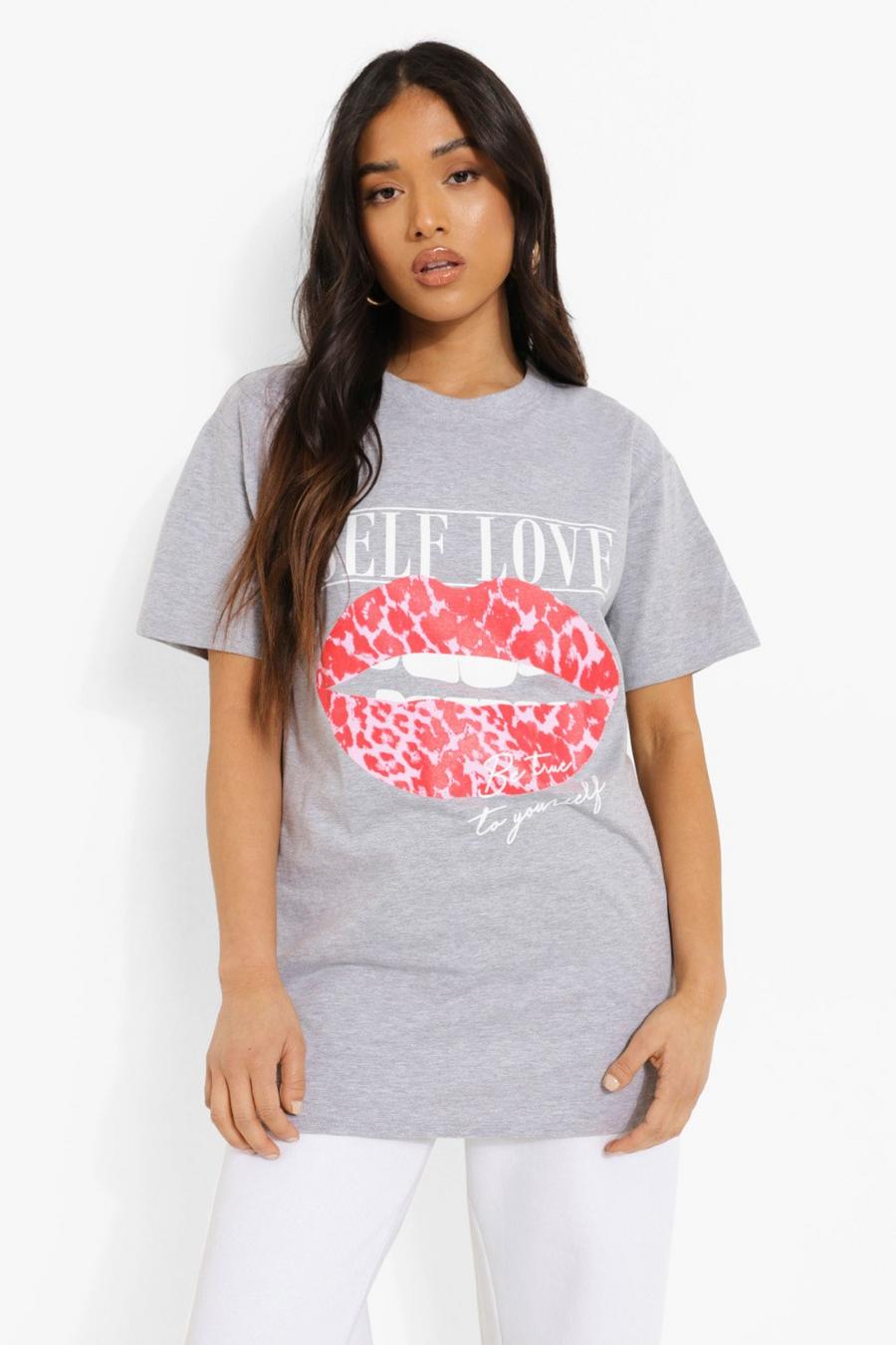 PETITE T-Shirt mit „Self Love“-Print, Grau meliert image number 1