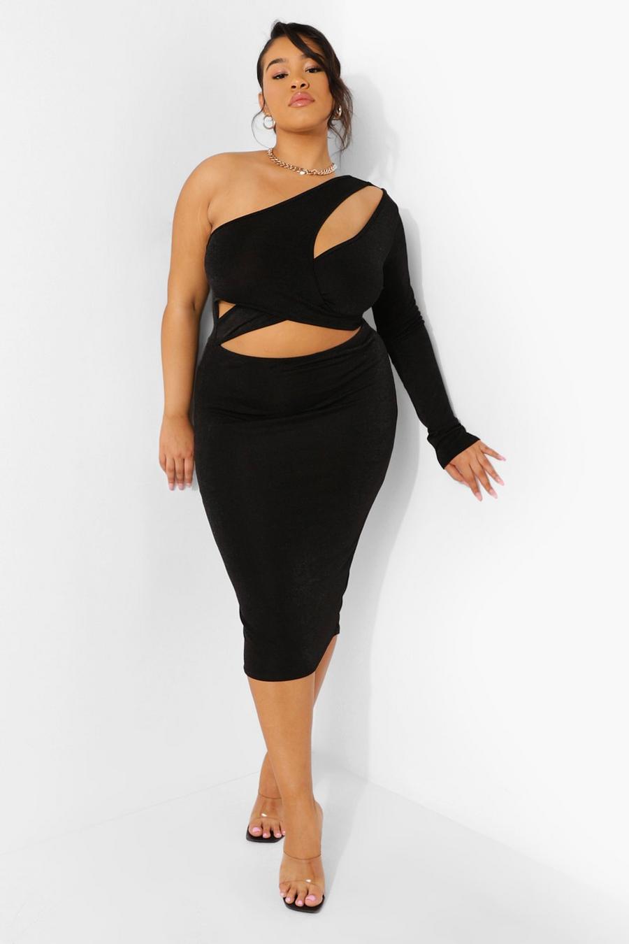 Black Plus Textured Slinky Cut Out Midi Dress image number 1