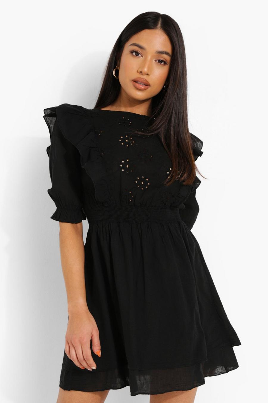 Black Petite Broderie Mini Dress image number 1