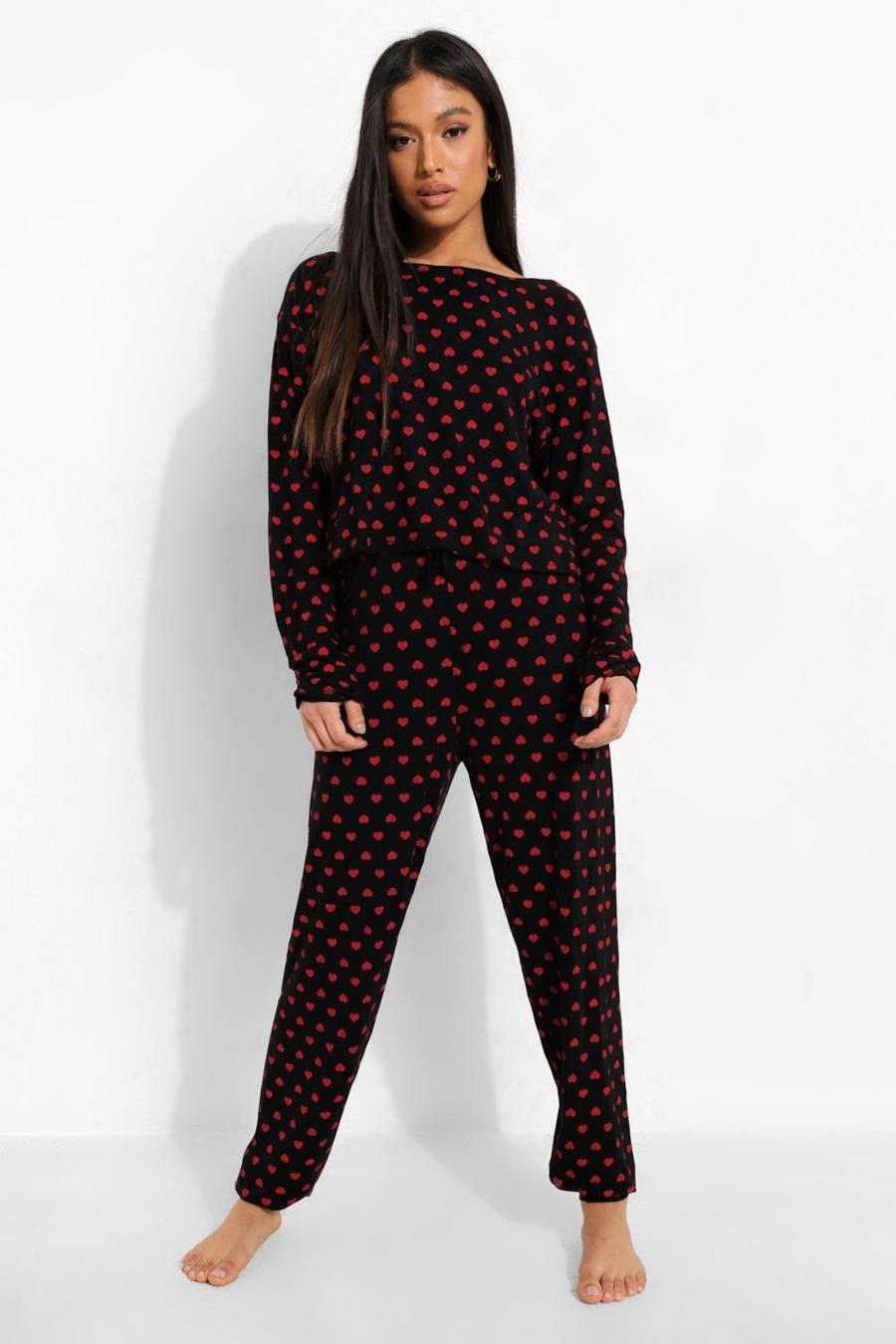 Conjunto de pantalones de deporte de pijama con estampado de corazones Petite, Negro image number 1