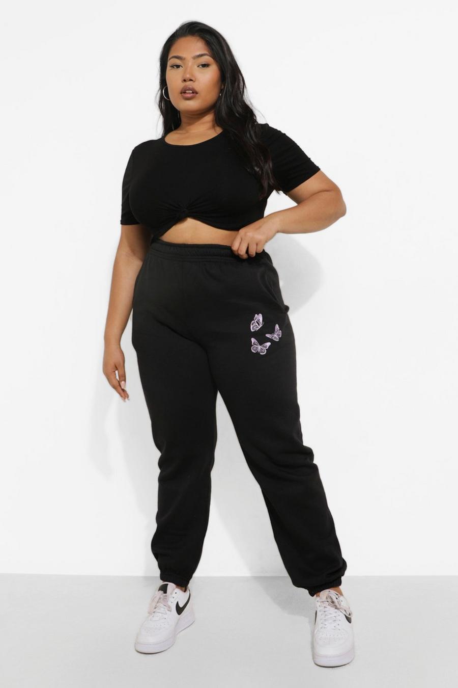 Black Plus Butterfly Embroidered Joggers image number 1