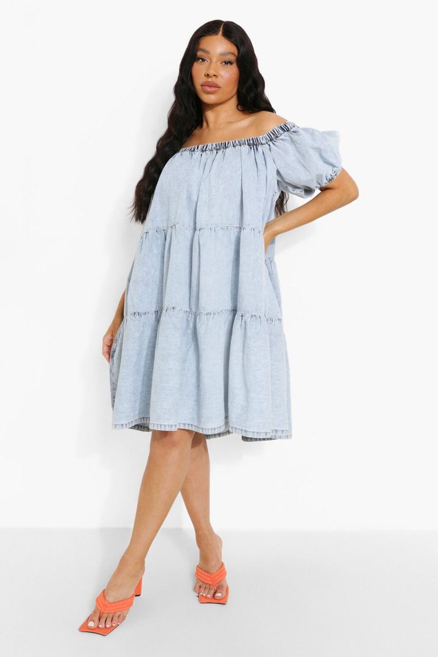 Blue Plus Chambray Off The Shoulder Tiered Smock Dress image number 1