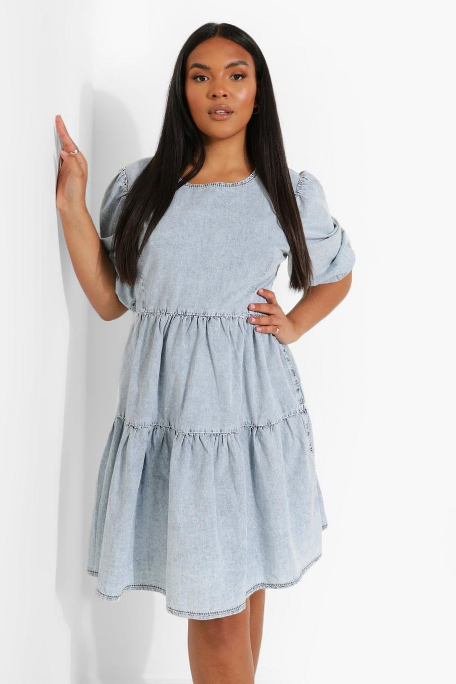 Blue Plus Chambray Shirred Puff Sleeve Smock Dress image number 1