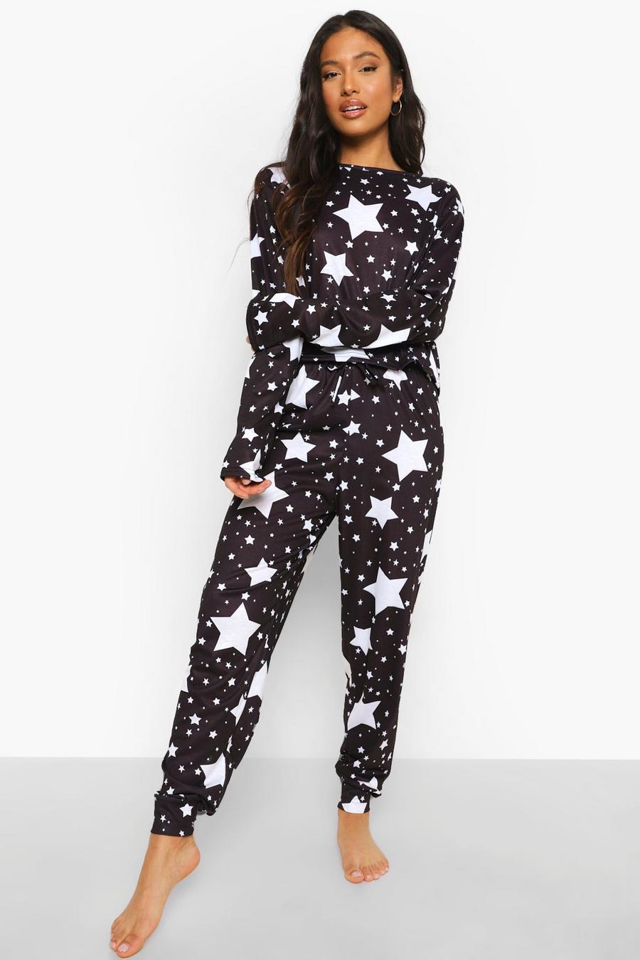 Conjunto de pijama con hombros descubiertos con estampado de estrellas Petite, Negro image number 1