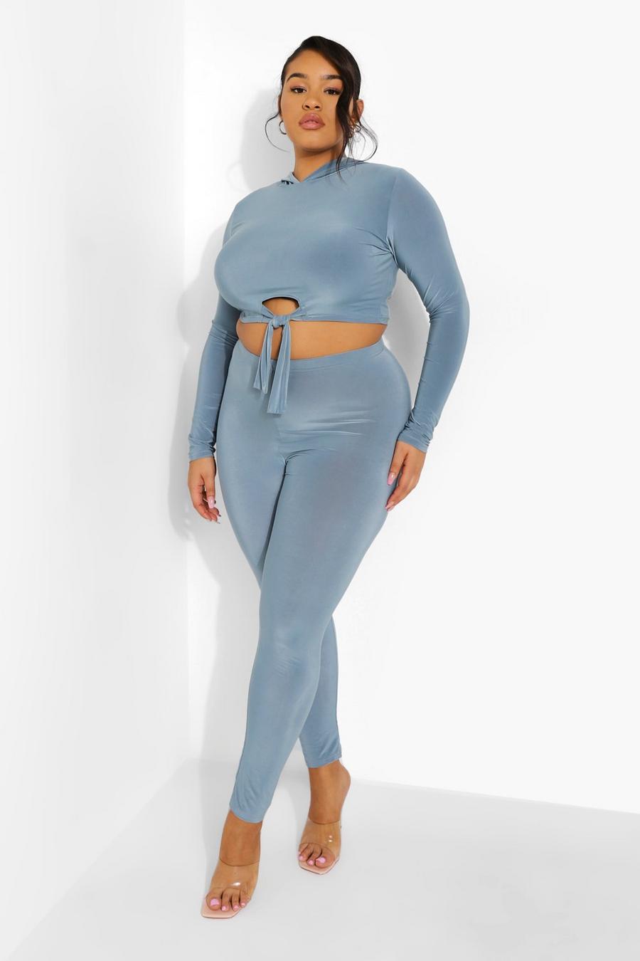 Slate blue Plus Knot Front Crop Hoodie And Legging Set image number 1