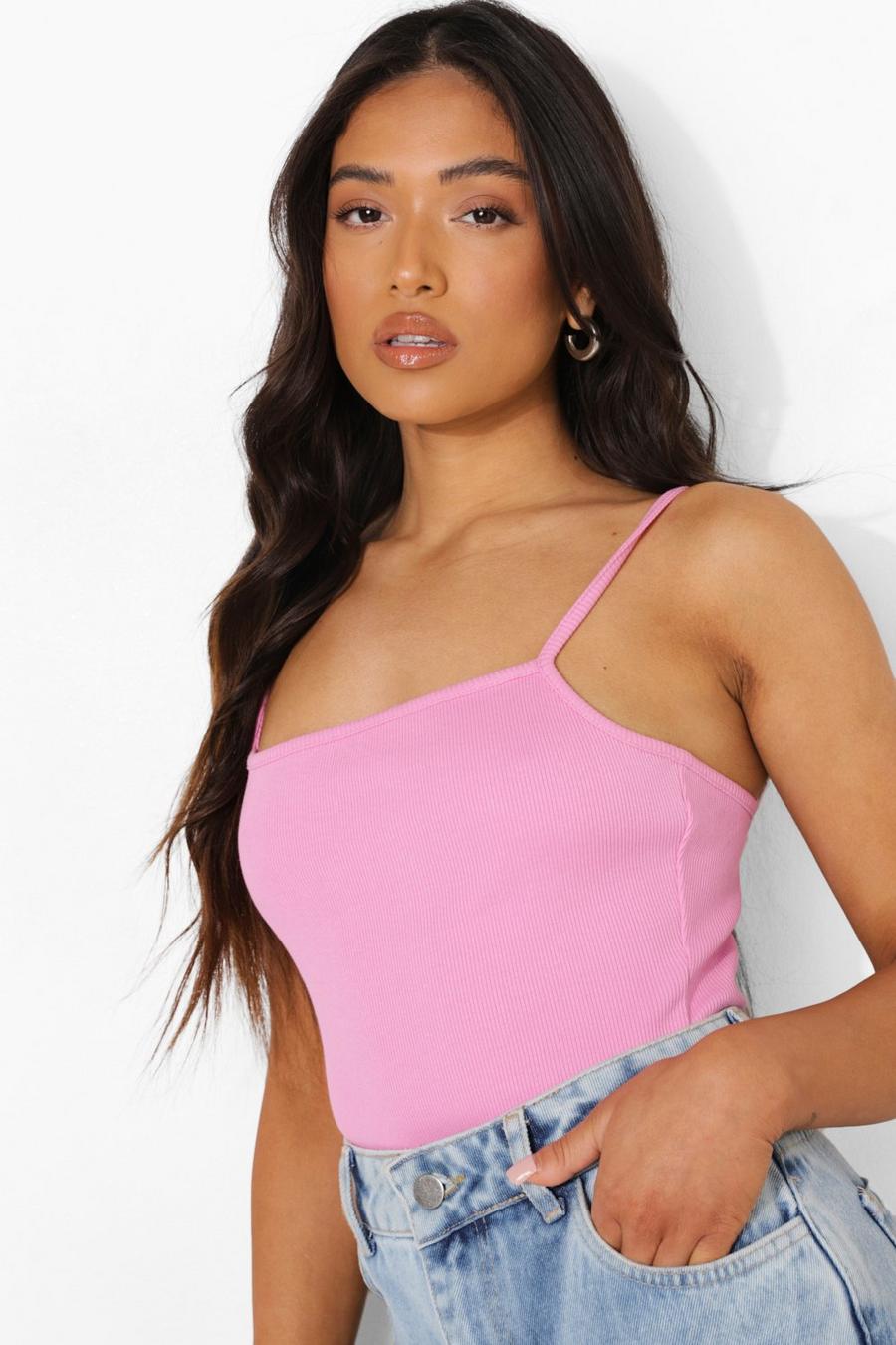 Pink Petite Geribbelde Premium Bodysuit Met Vierkante Hals image number 1