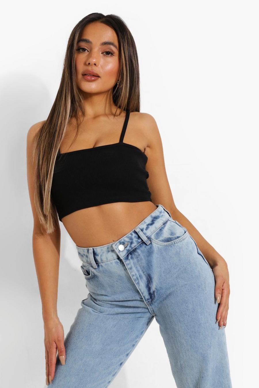 Black Petite Premium Rib Square Neck Crop Top image number 1