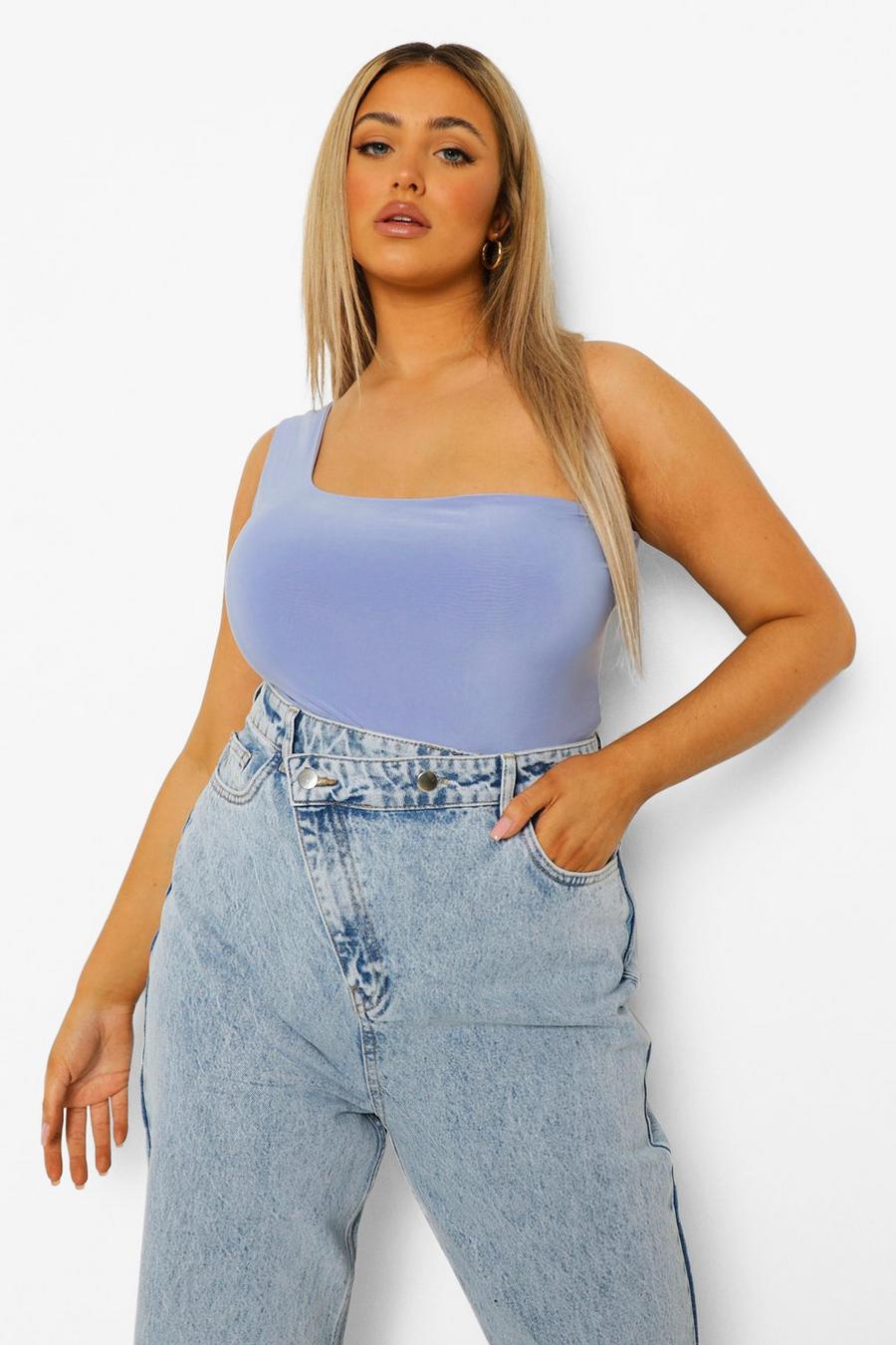 Baby blue Plus Double Layer Slinky Asymmetric Bodysuit image number 1