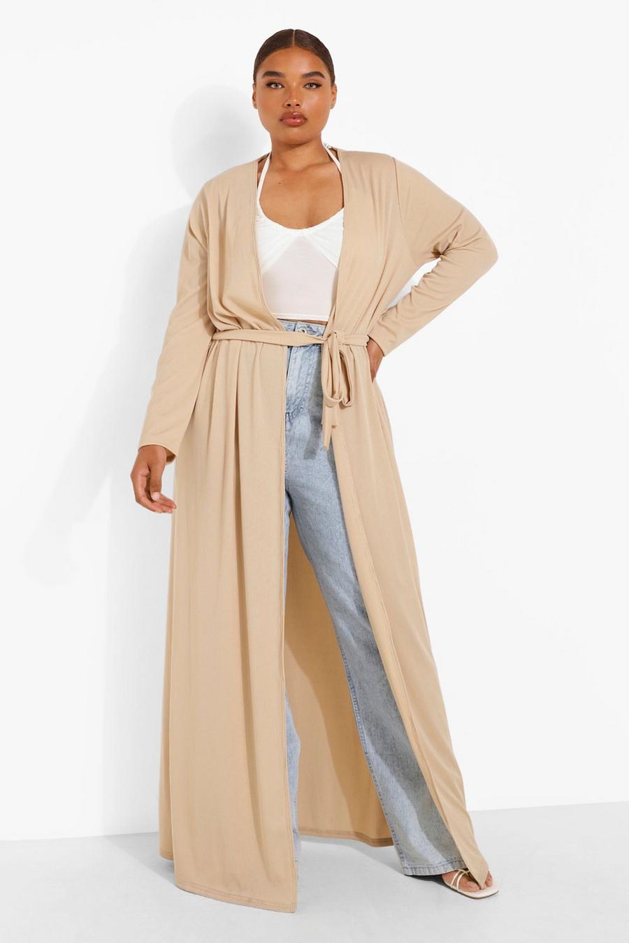 Stone beige Plus Ribbed Tie Waist Maxi Duster Coat image number 1
