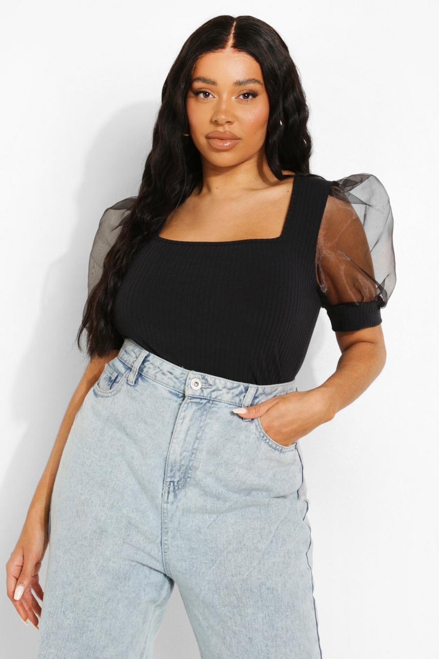 Grande taille - Crop top à manches bouffantes, Black image number 1