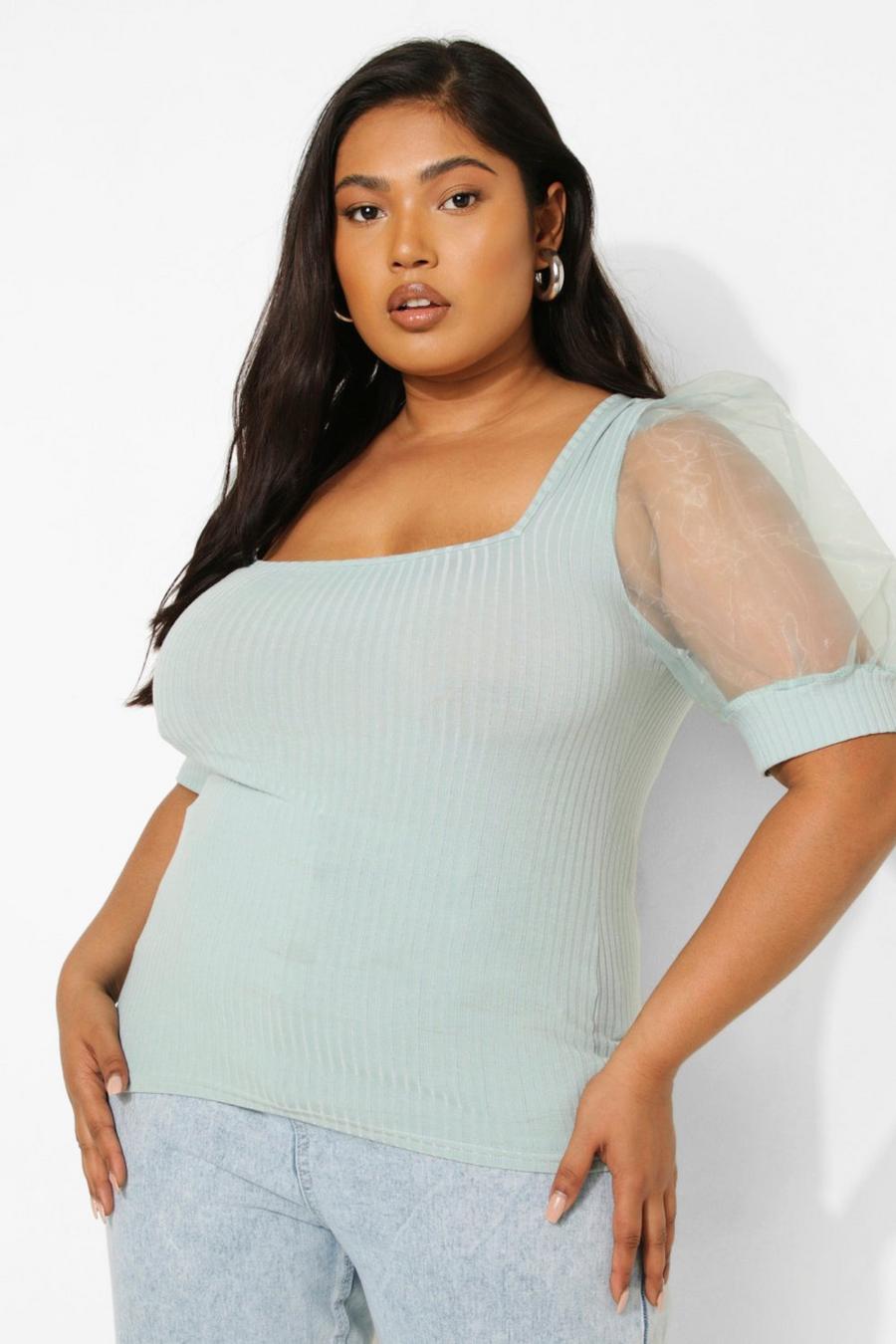 Grande taille - Crop top à manches bouffantes, Mint image number 1