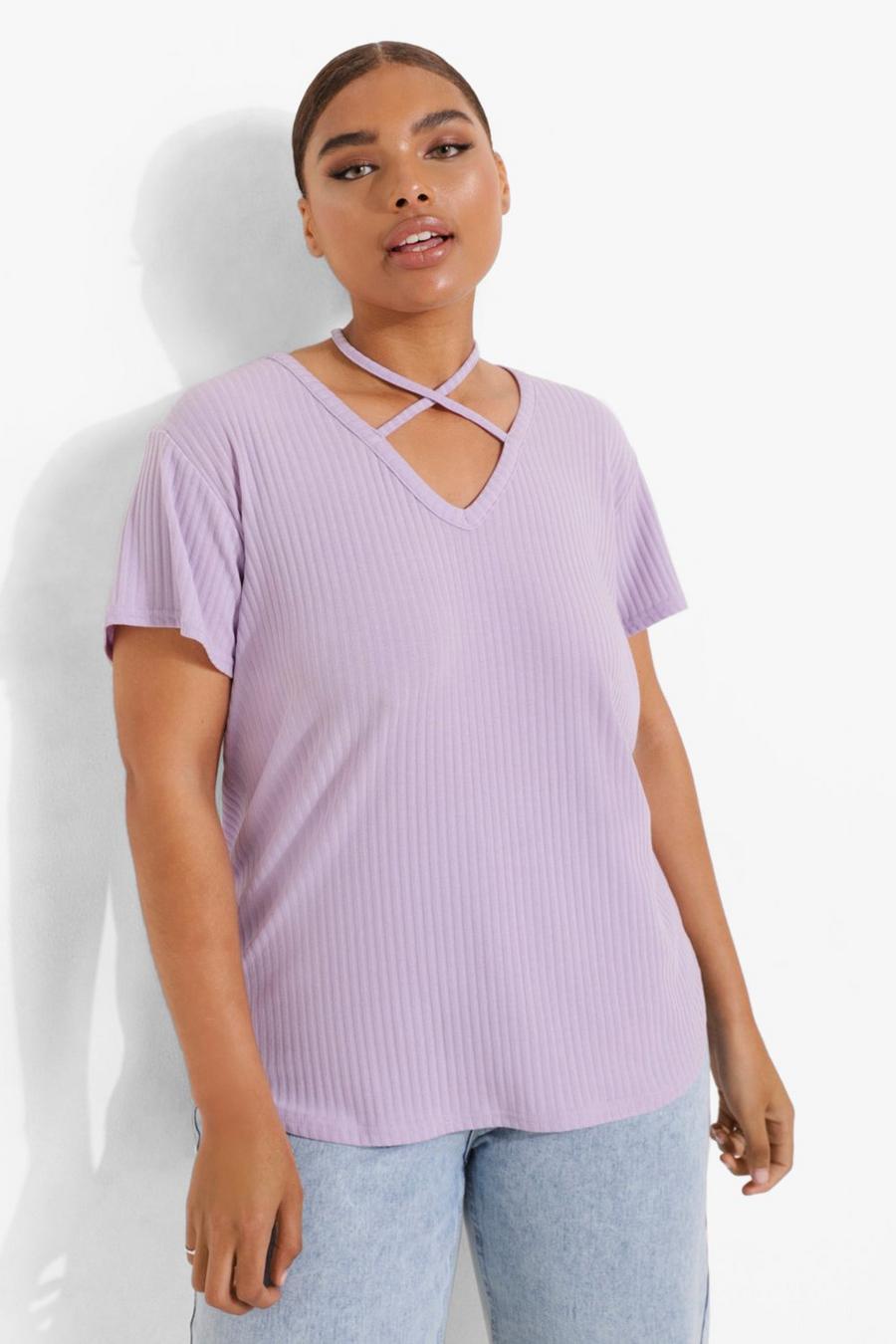 Lilac Plus Zacht Geribbeld Gekruist T-Shirt image number 1