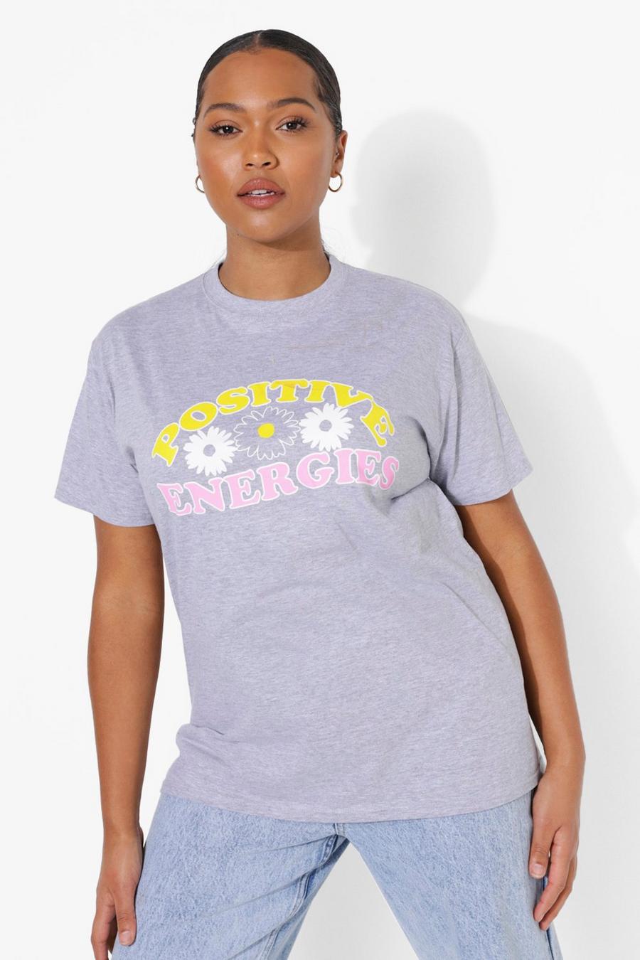 Plus T-Shirt mit „Positive”-Slogan und Tasche, Grau meliert image number 1