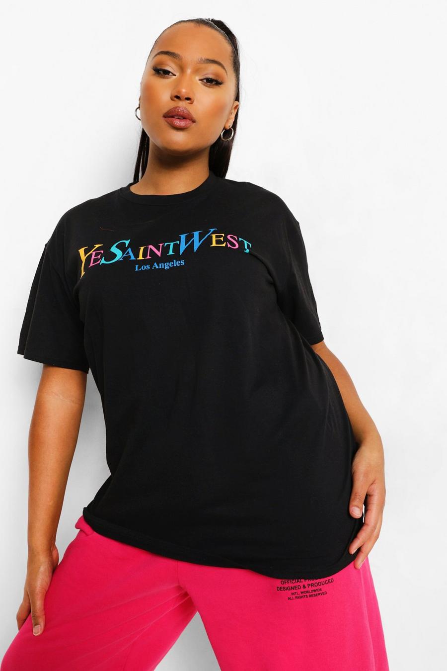 T-shirt Plus Size con scritta Ye Saint West in colori arcobaleno, Nero black