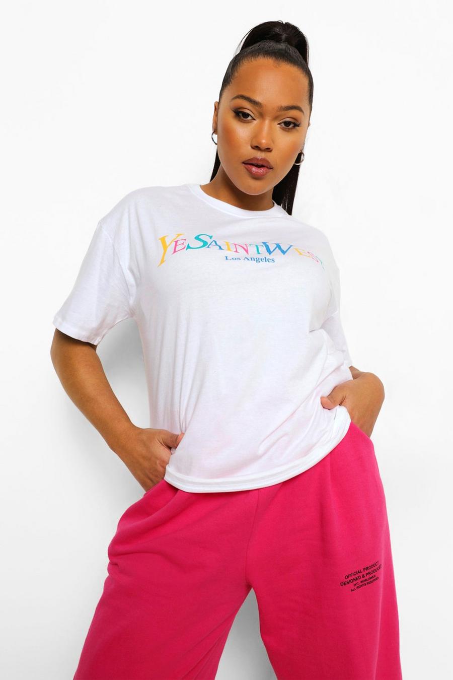 T-shirt Plus Size con scritta Ye Saint West in colori arcobaleno, White image number 1