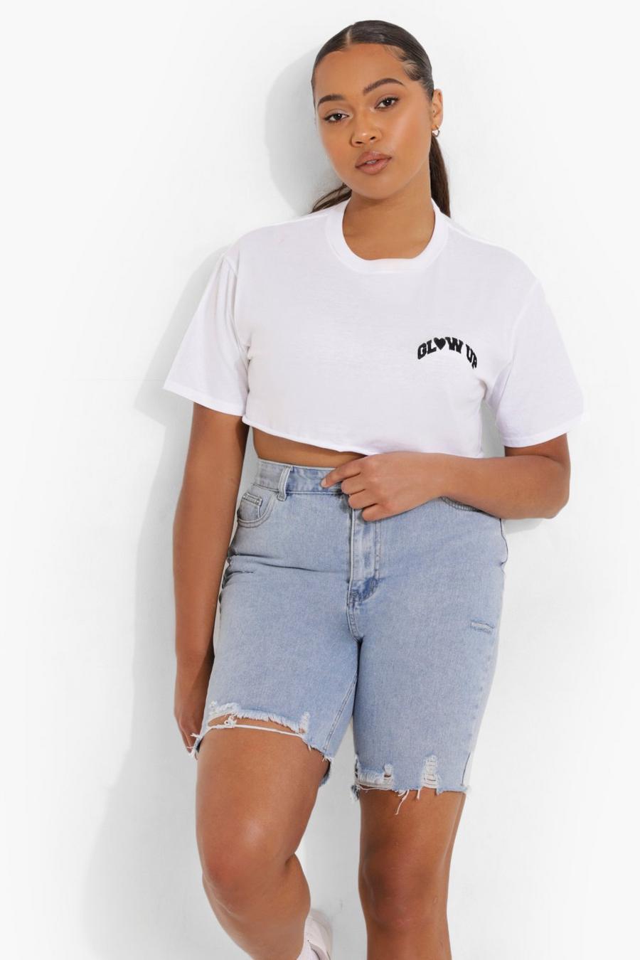 White Plus Glow Up Embroidered Cropped T-shirt image number 1