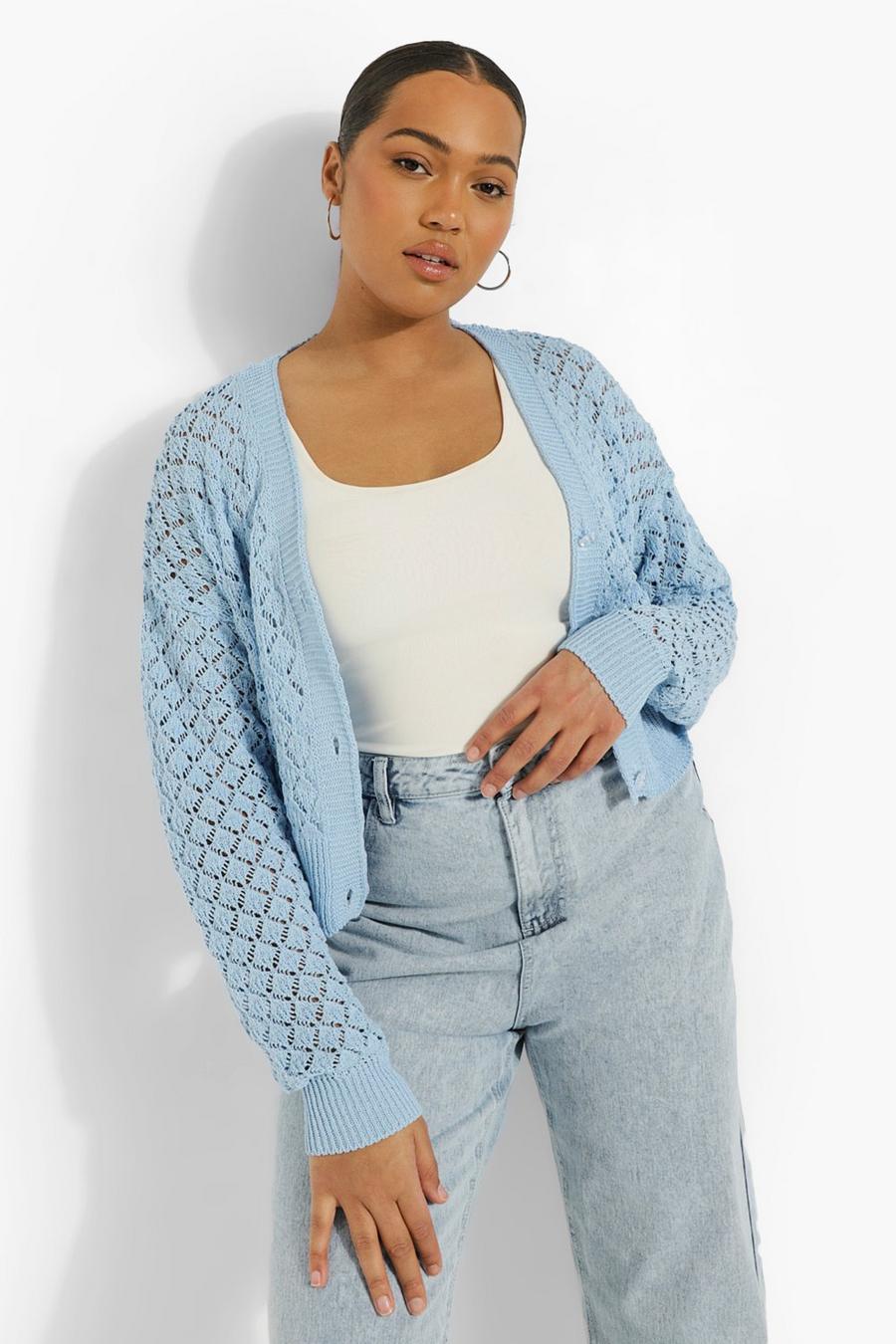Baby blue Plus Knitted Pointelle Cropped Cardigan image number 1