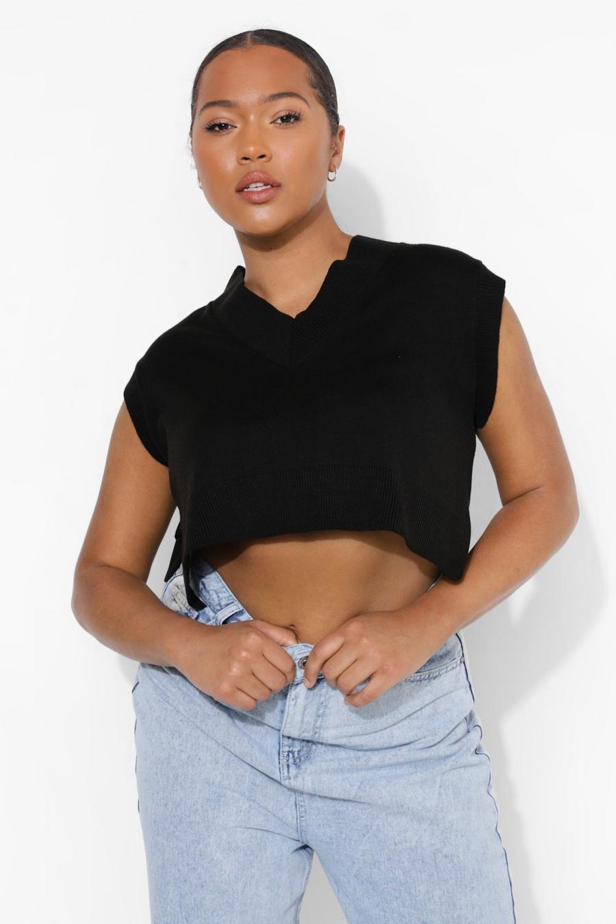 Black Plus Knitted Cropped V Neck Tank Top image number 1