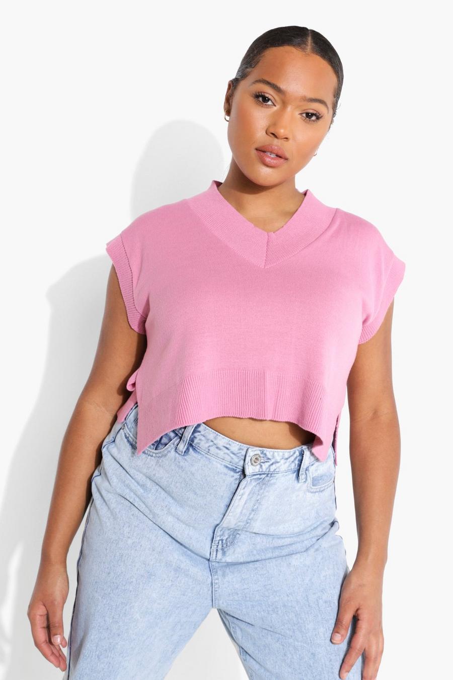 Dusky pink Plus Knitted Cropped V Neck Tank Top image number 1