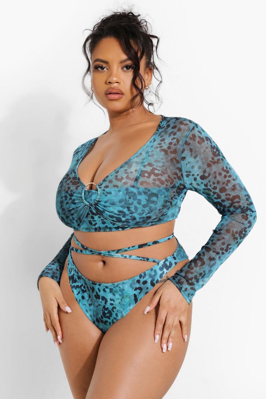 Turquoise Plus Tropicana O-ring Mesh Beach Crop Top image number 1