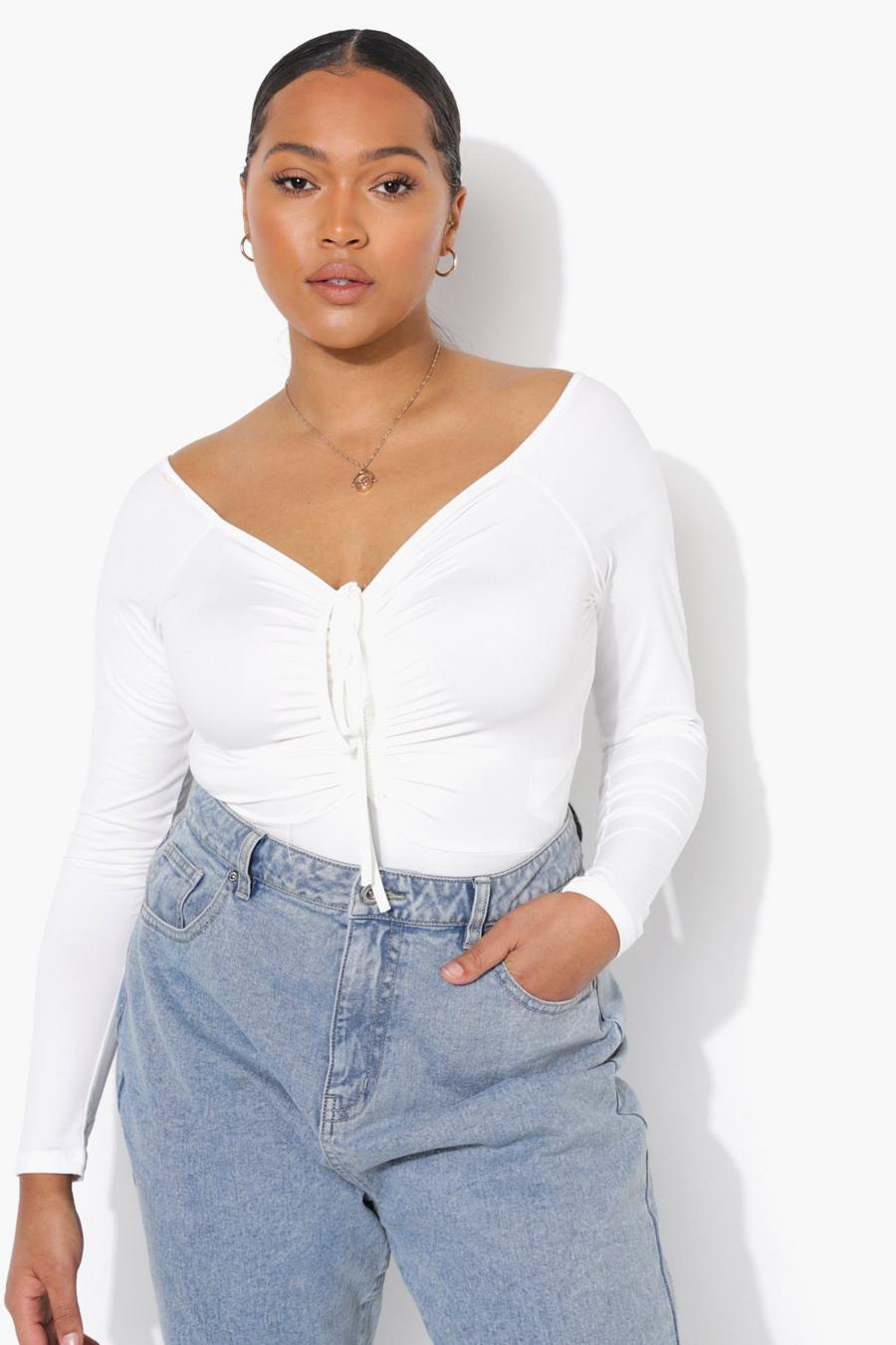 White Plus Ruched Detail Long Sleeve Bodysuit image number 1