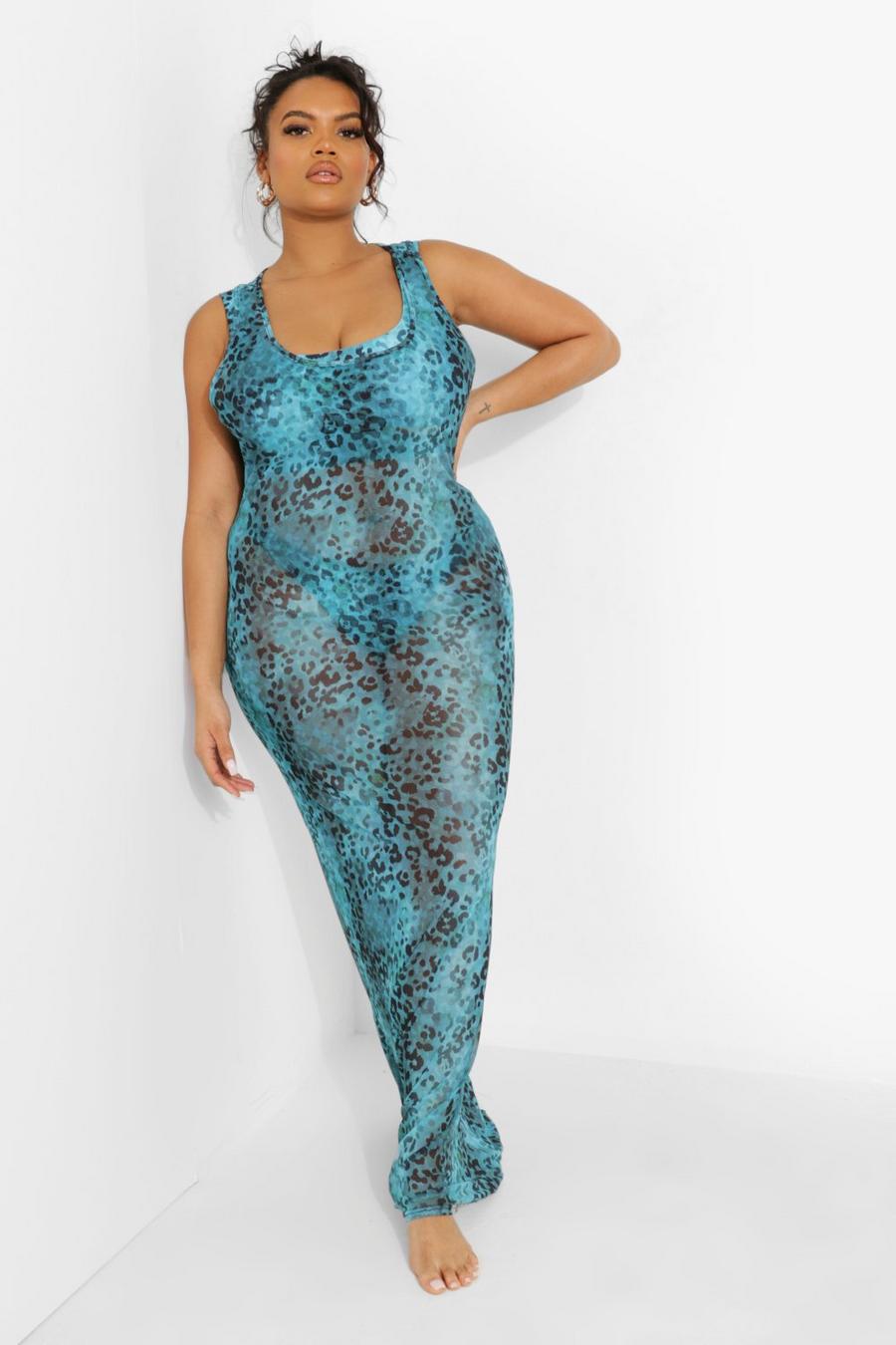 Turquoise Plus Tropicana Racer Front Mesh Beach Dress image number 1