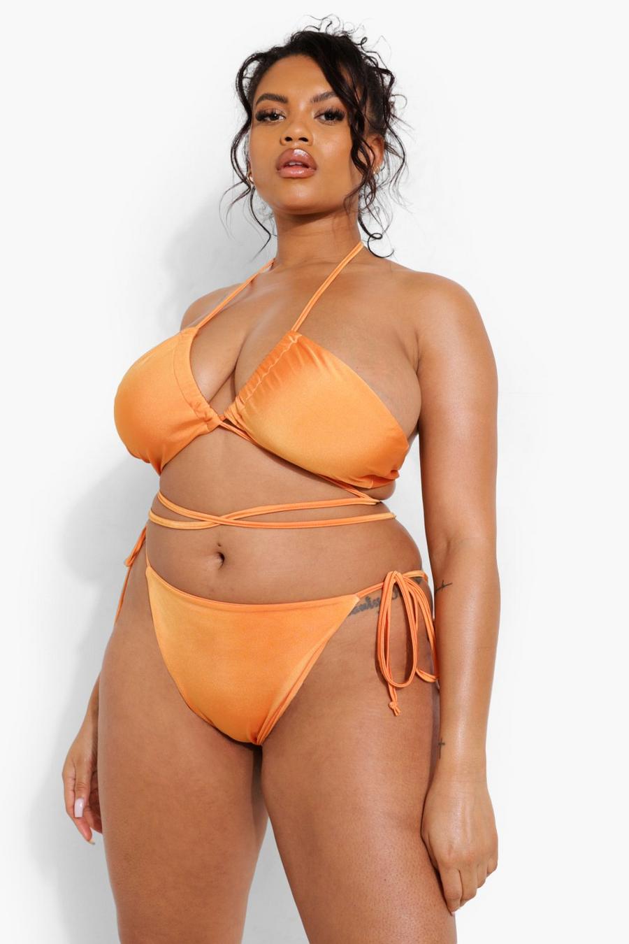 Plus Bikinihöschen mit seitlicher Bindung und Tropicana-Print, Orange image number 1