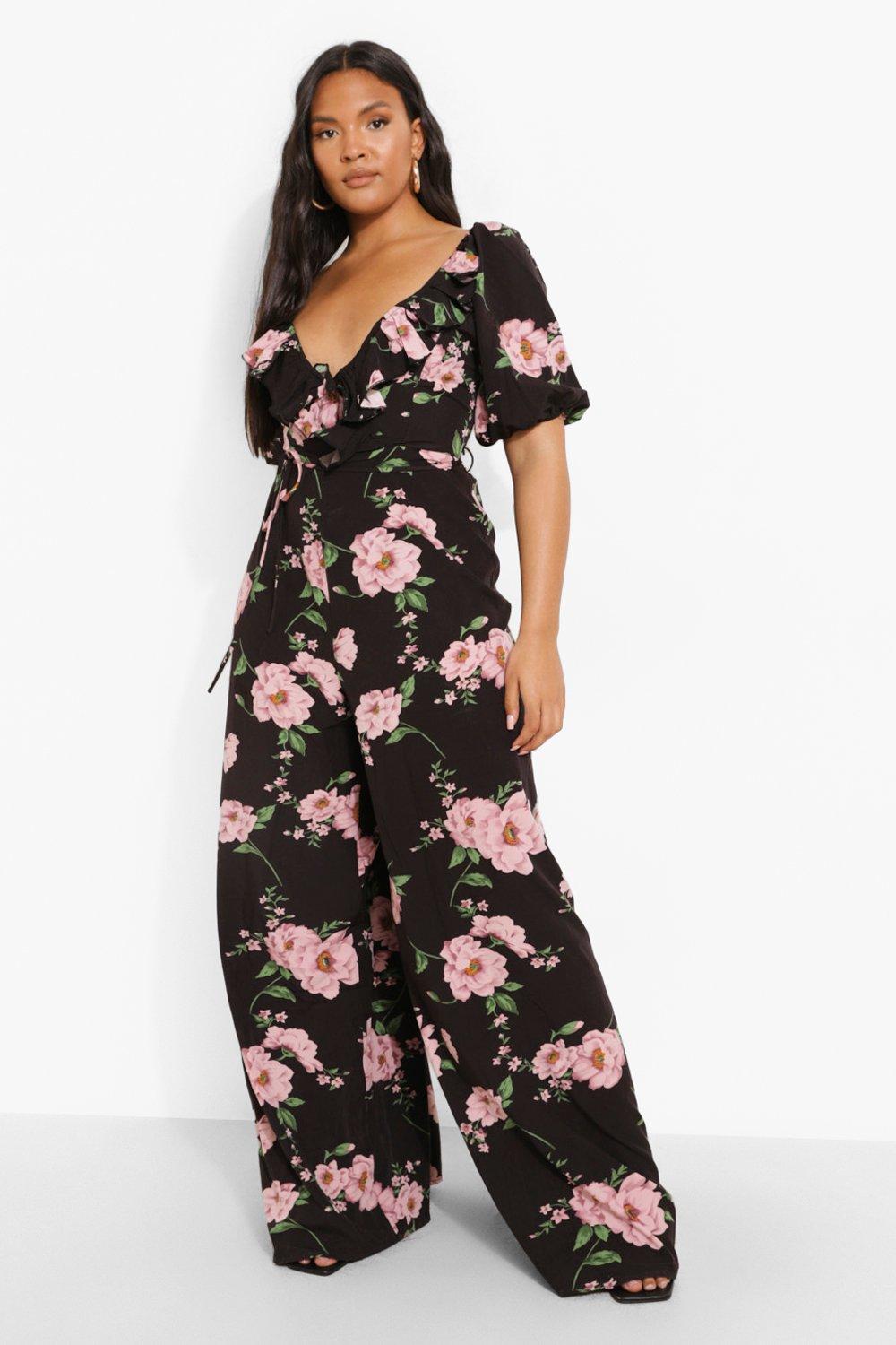 Women's Plus Floral Puff Sleeve Ruffle Jumpsuit | Boohoo UK