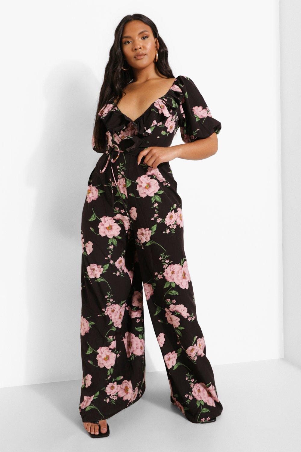 Plus Floral Puff Sleeve Ruffle Jumpsuit boohoo USA