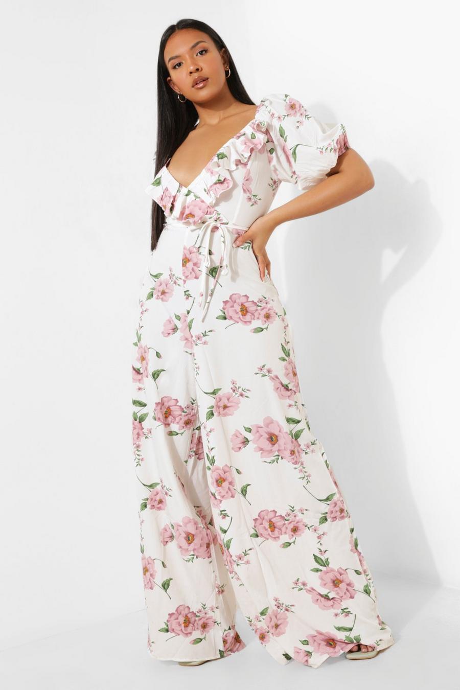 Ivory Plus Floral Puff Sleeve Ruffle Jumpsuit image number 1