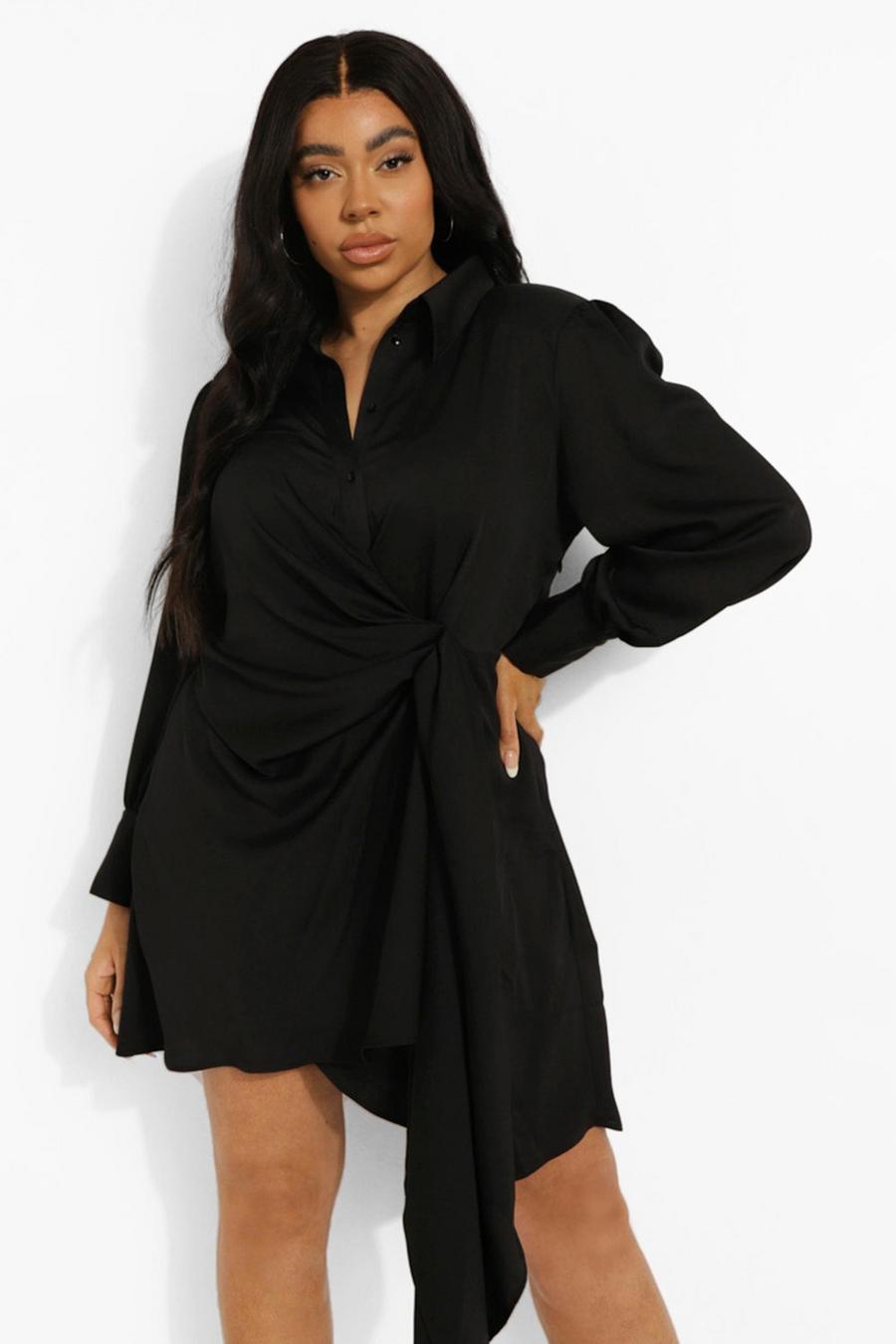 Black svart Plus - Draperad skjortklänning i satin