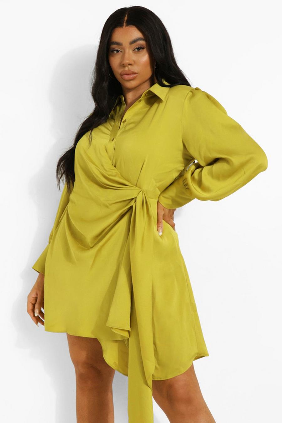 Plus Statement Hemd-Kleid aus drapiertem Satin, Chartreuse yellow