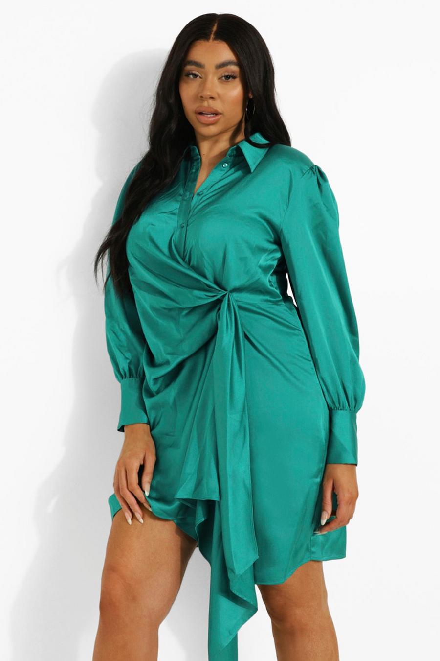 Plus Statement Hemd-Kleid aus drapiertem Satin, Emerald green