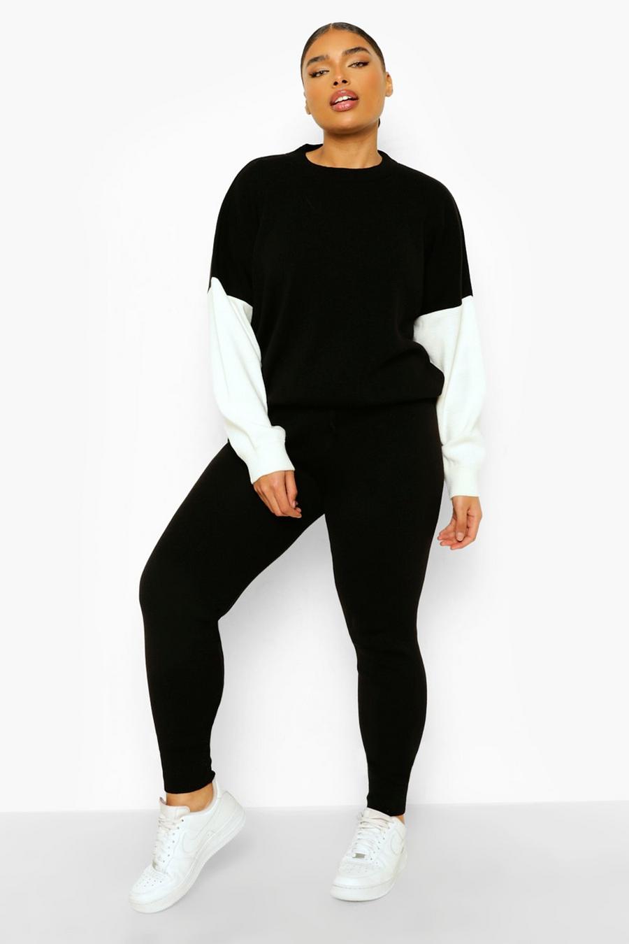 Black Plus Knitted Color Block Tracksuit image number 1