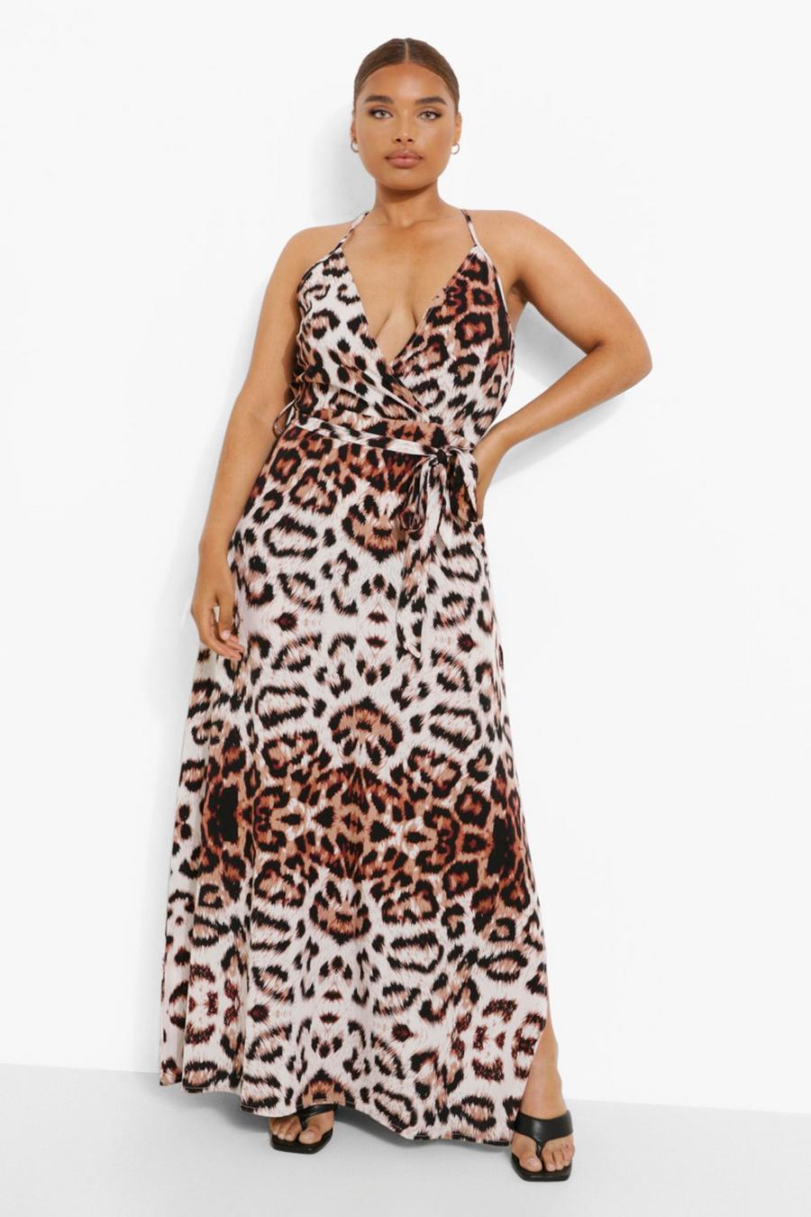 Plus Woven Leopard Tie Split Maxi Dress image number 1