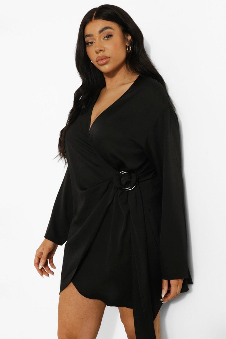 שחור שמלת סאטן מעטפת בסגנון חולצה למידות גדולות image number 1