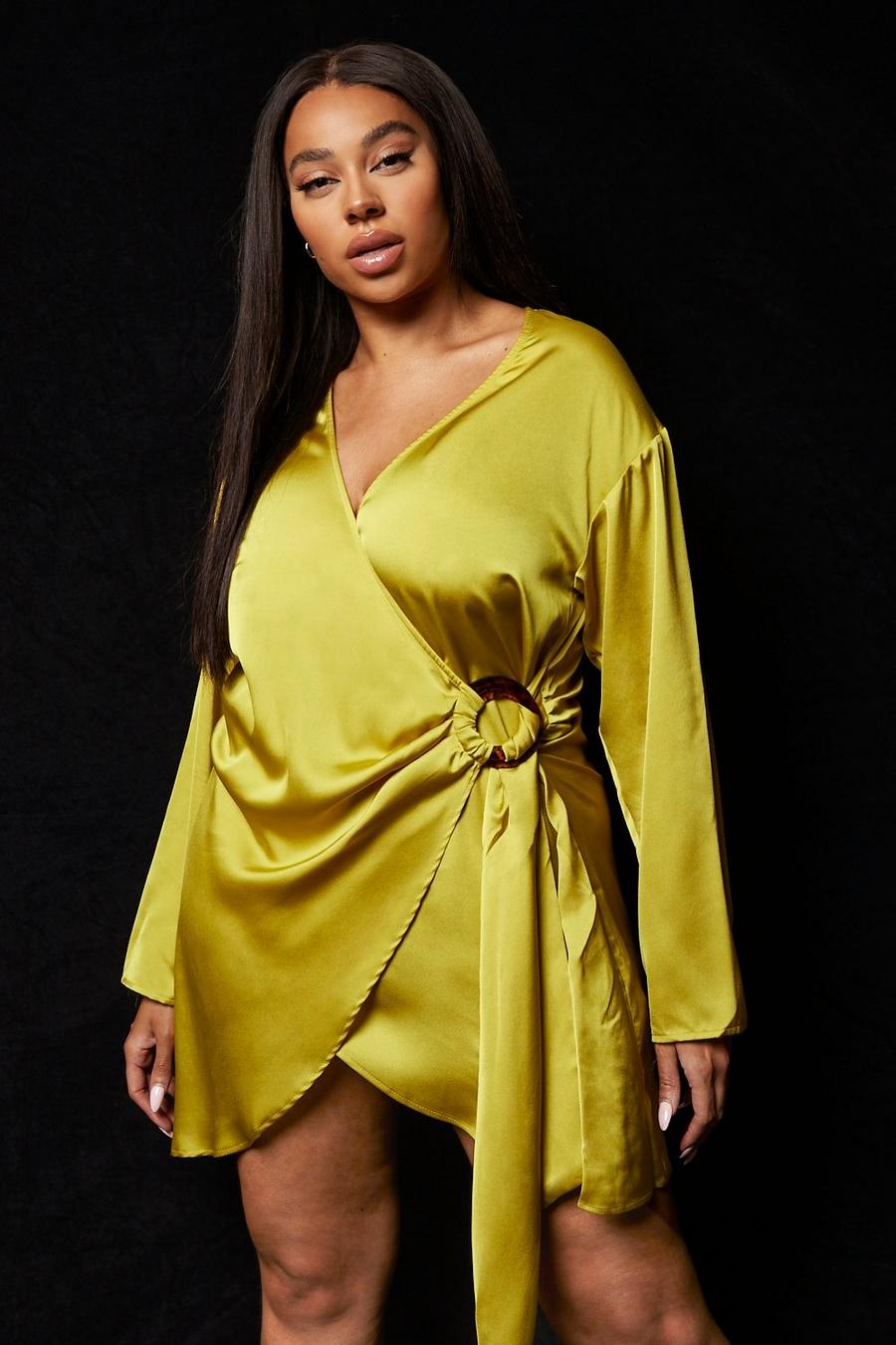 Chartreuse La'Tecia Plus Satin Wrap Shirt Style Dress image number 1