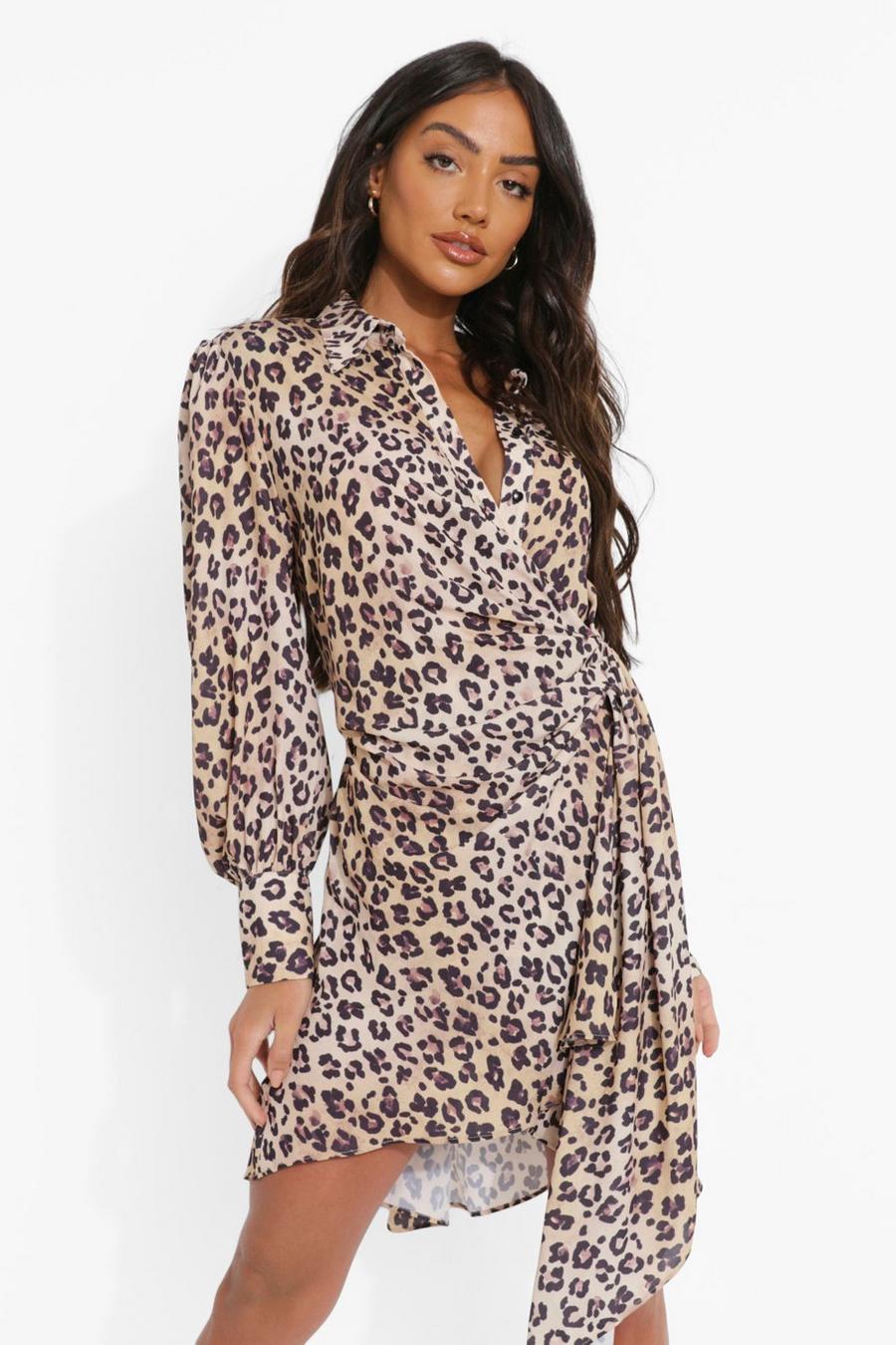 Vestido estilo camisa drapeado con estampado de leopardo llamativo Plus image number 1