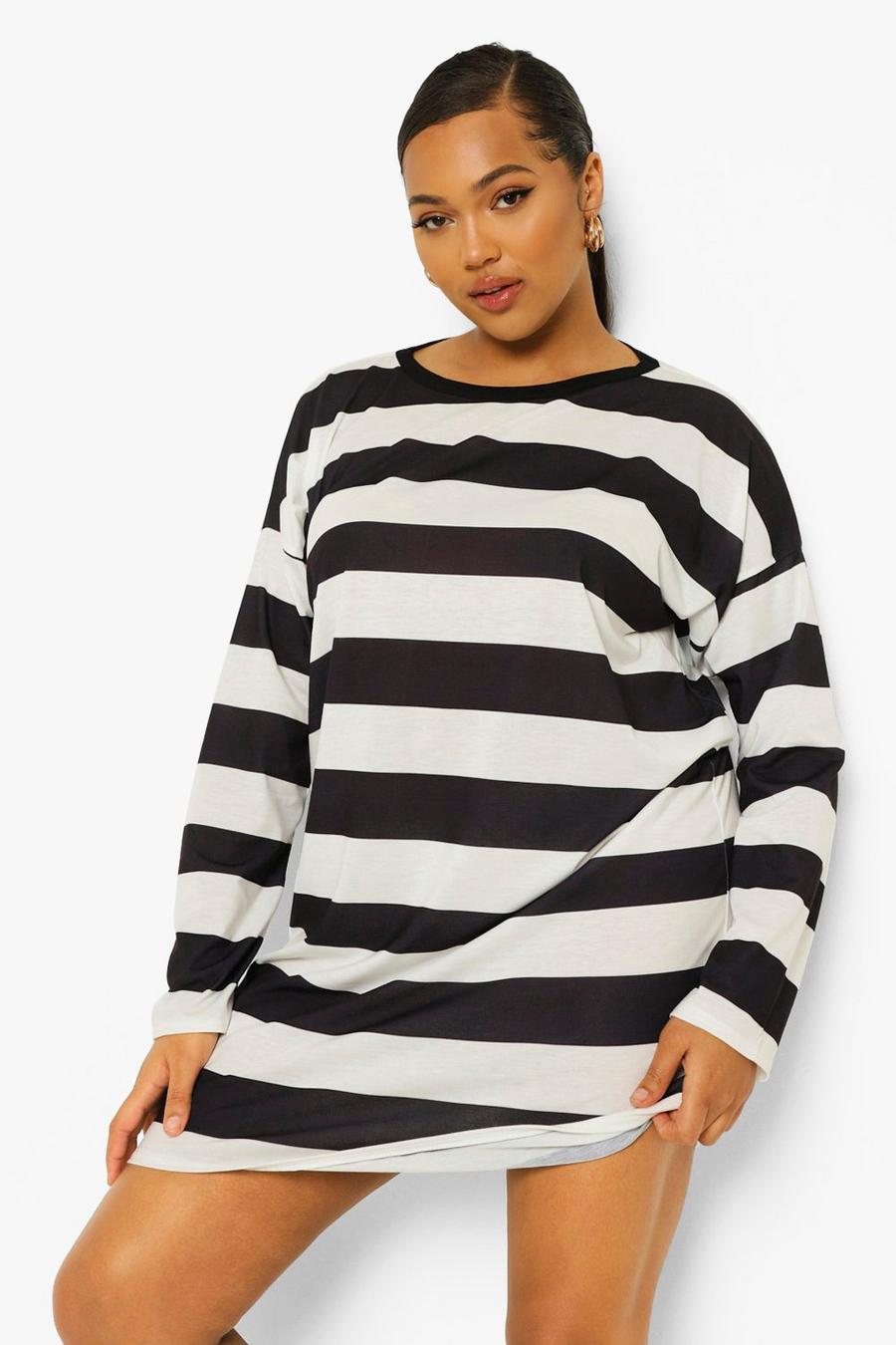 Black Plus Stripe Long Sleeve T Shirt Dress image number 1