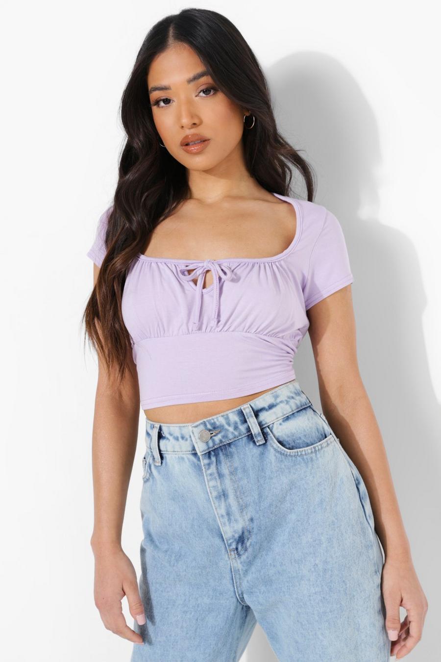 Lilac Petite Square Neck Ruched Tie Front Crop Top image number 1